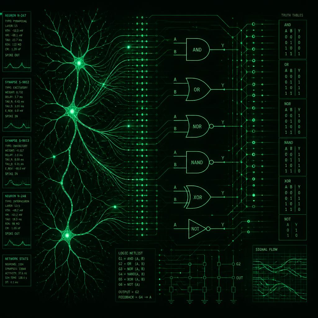 Neural pathways and logic gates rendered as a technical schematic